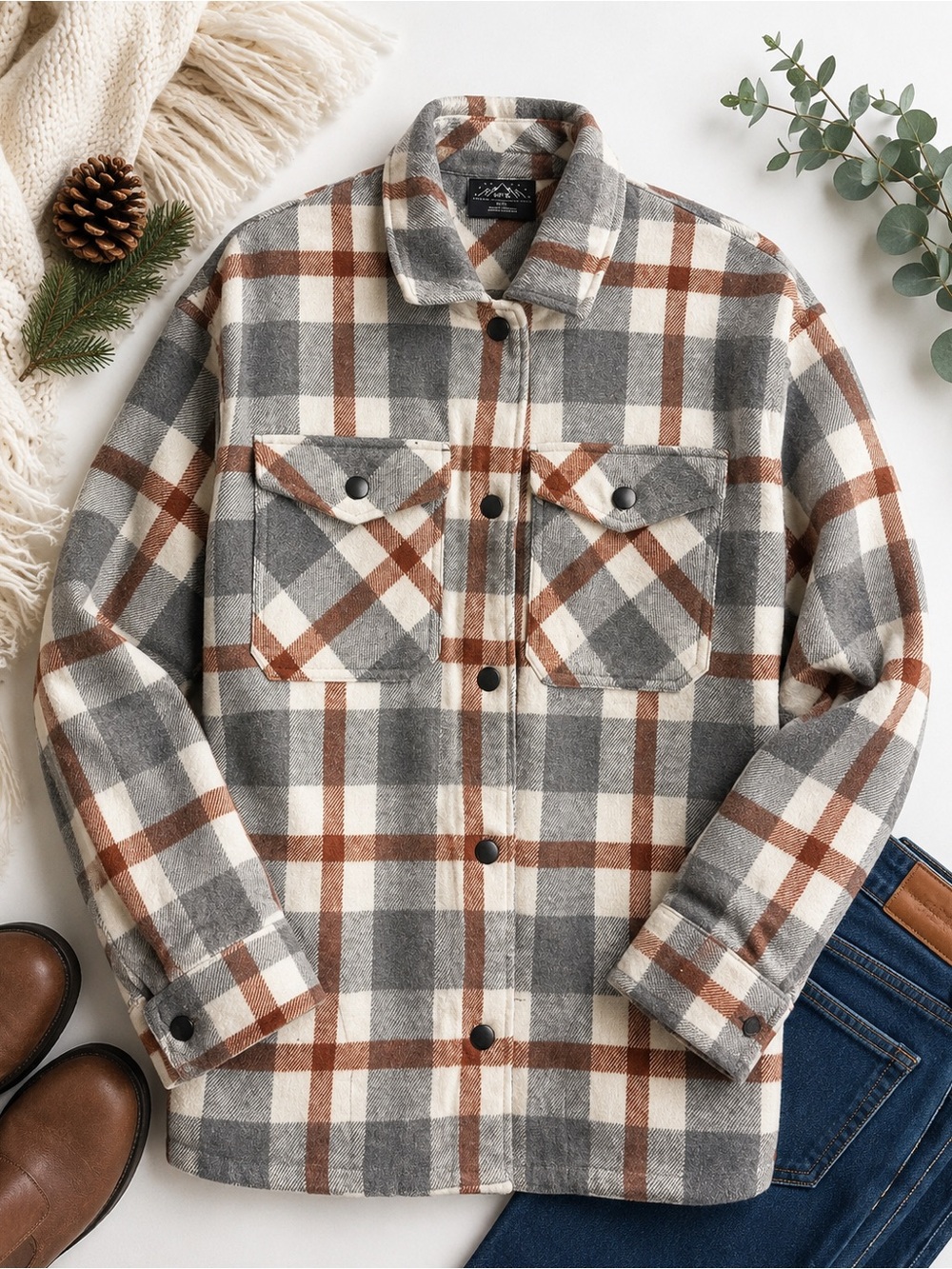 HFX Plaid Shacket Women’s Small Gray Cream Rust Button Front Overshirt
